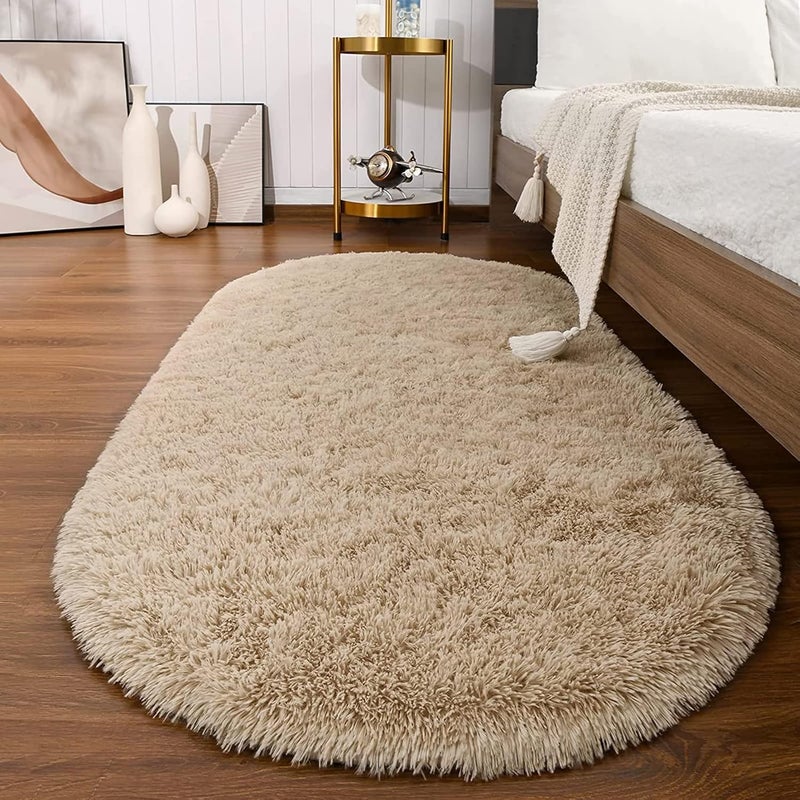 Softlife Fluffy Rugs for Bedroom, Shag Cute Area Rug for Girls and Kids Baby Room Home Decor Fall Decor, 2.6 x 5.3 Feet Oval Indoor Carpet for Nursery Dorm Living Room, Camel - Image 1